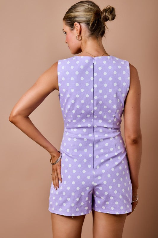 Polka Dot Romper with Scallped Flap & Gold Button Detail