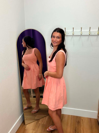 Square Neck Wide Straps Pleated Mini Dress