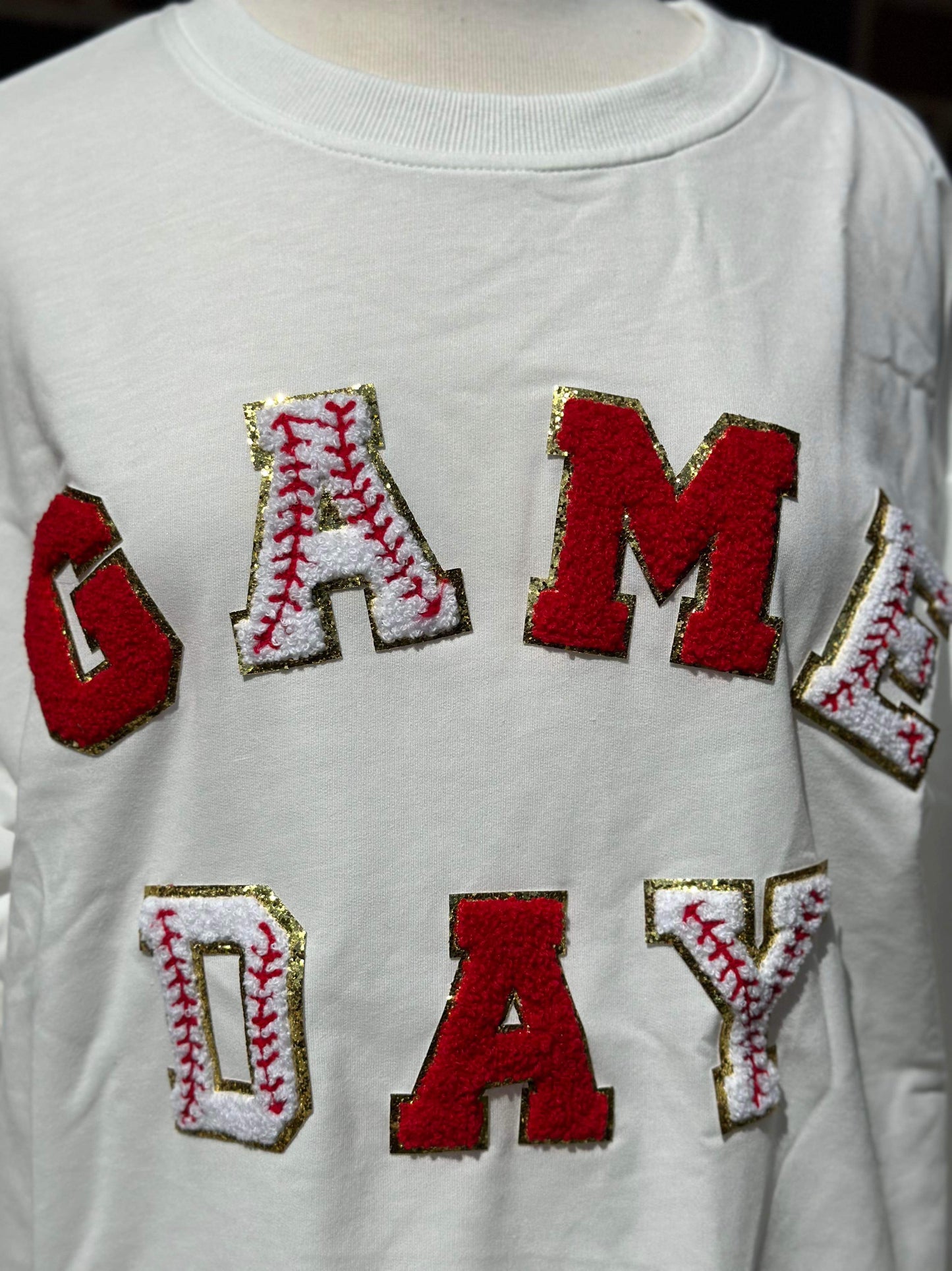 Baseball Chenille Gameday Patches Pullover - WHITE