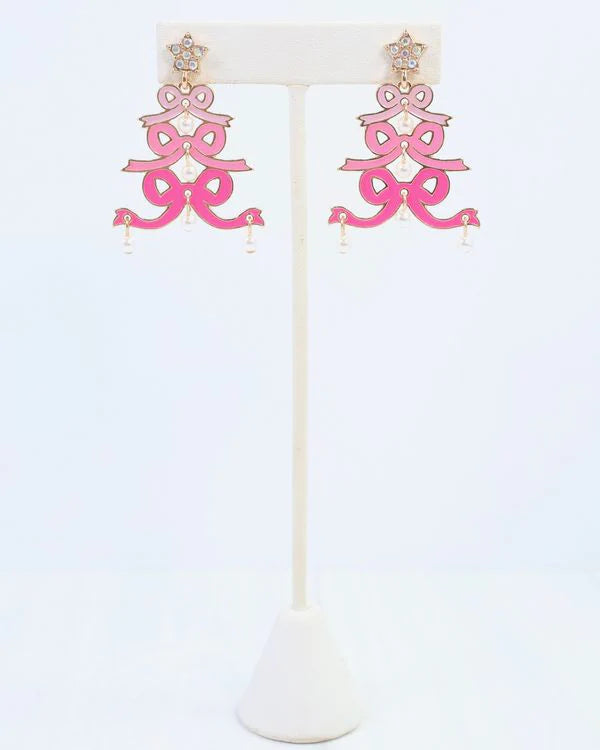 Cheerful Bow Tree Earrimg Pink