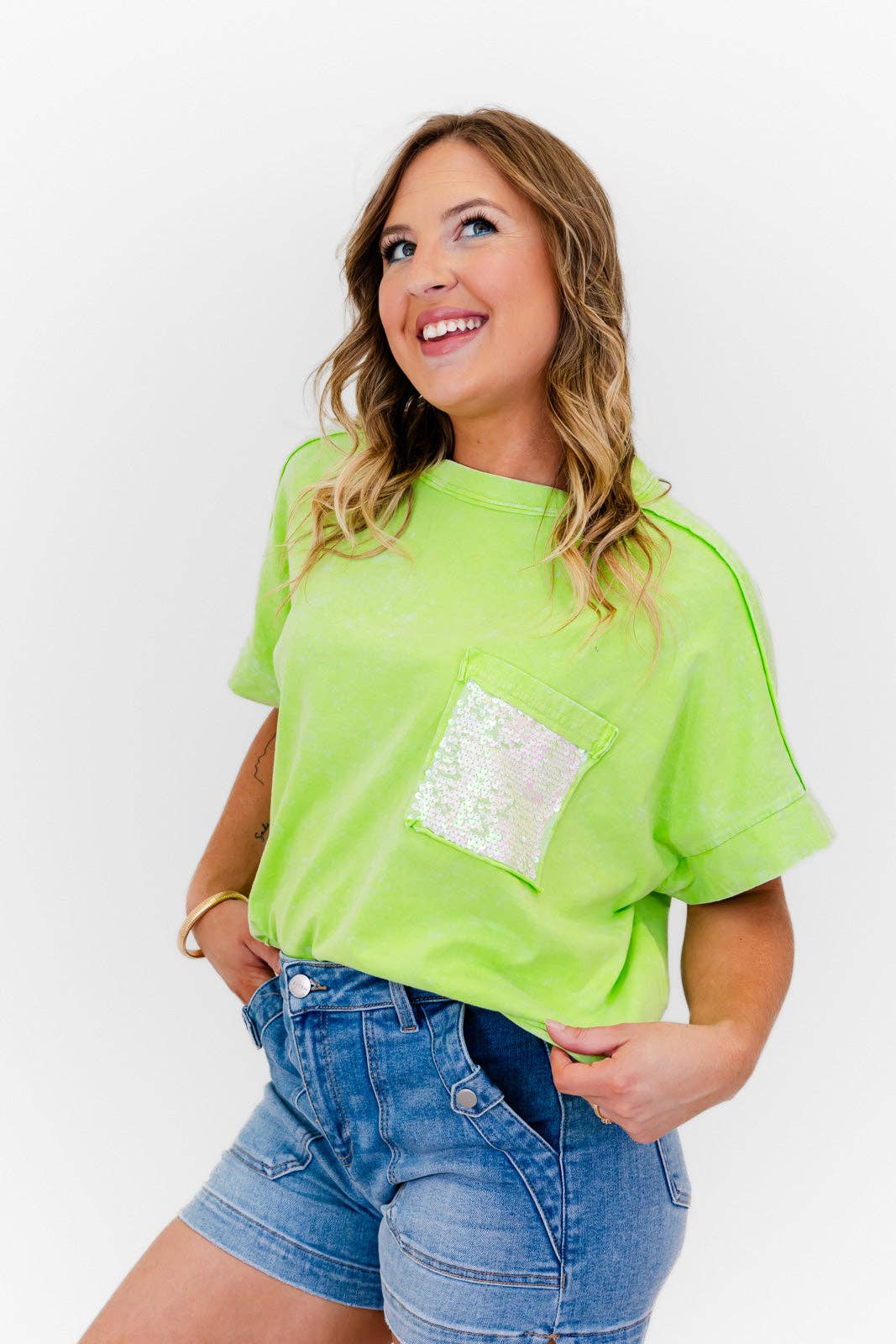 Faeve Lime Green Washed SPARKLE Pocket Top