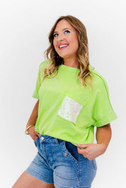 Faeve Lime Green Washed SPARKLE Pocket Top