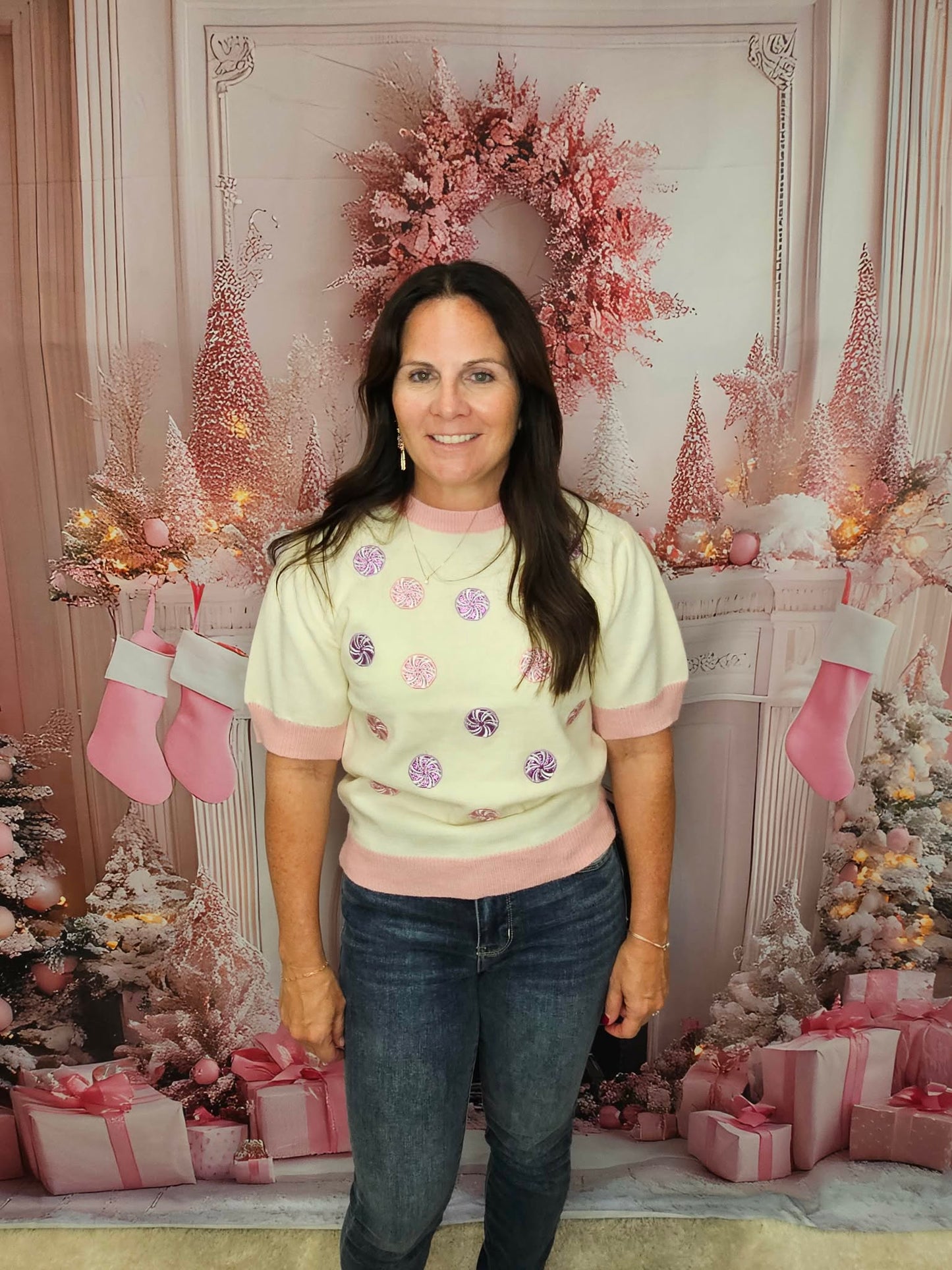 Glitter Peppermints on Puff Sleeve Knit Top