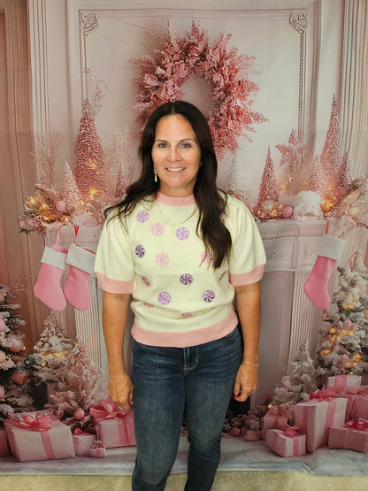 Glitter Peppermints on Puff Sleeve Knit Top