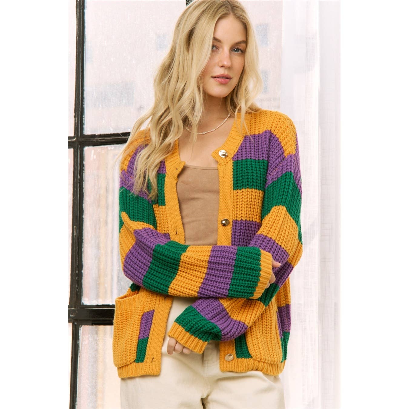 Krewe of Chaos- MARDI GRAS STRIPED CARDIGAN