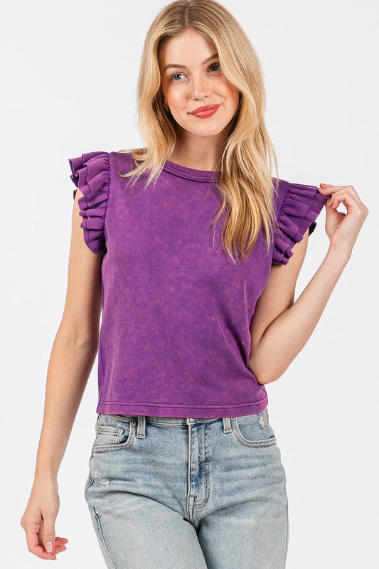 Mineral Washed Ruffle Sleeve Top