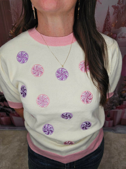Glitter Peppermints on Puff Sleeve Knit Top