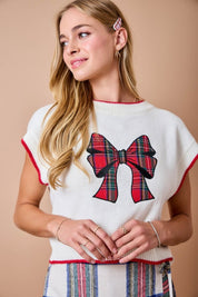 Christmas Sweater w/ Plaid Bow Appliqué