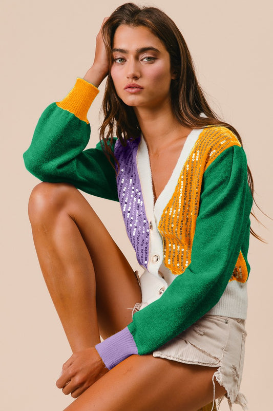 MARDI GRAS COLOR BLOCK SEQUIN SWEATER CARDIGAN