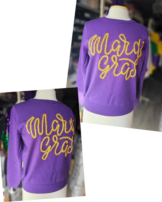 Purple long sleeve with gold tinsel Mardi Gras