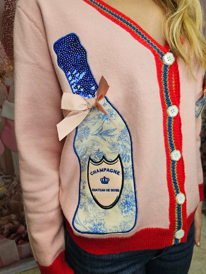 Pink Cardigan with Champagne Bottle Patches