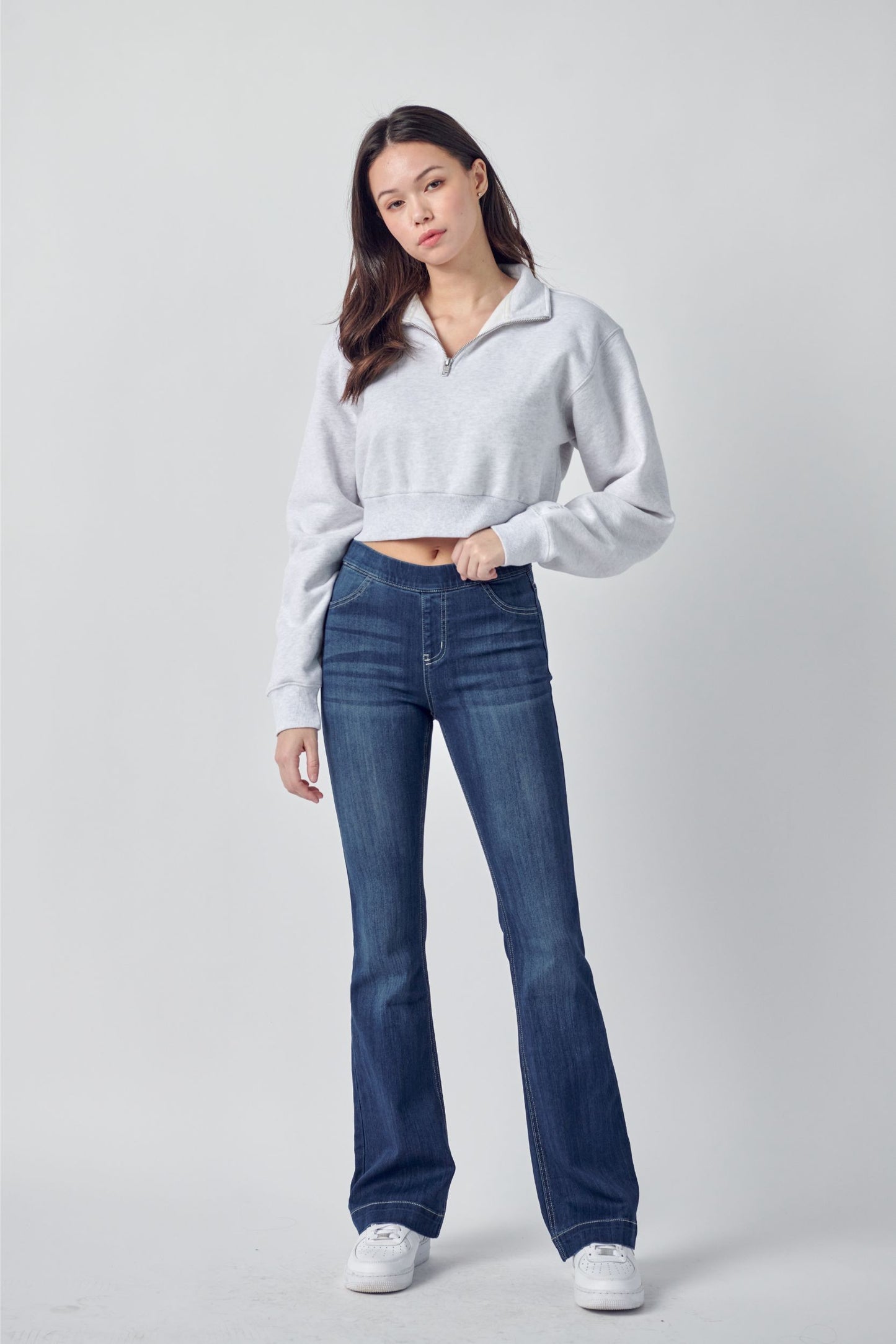 Mid Rise Pull on Flare Jeans 33” Inseam - DARK WASH