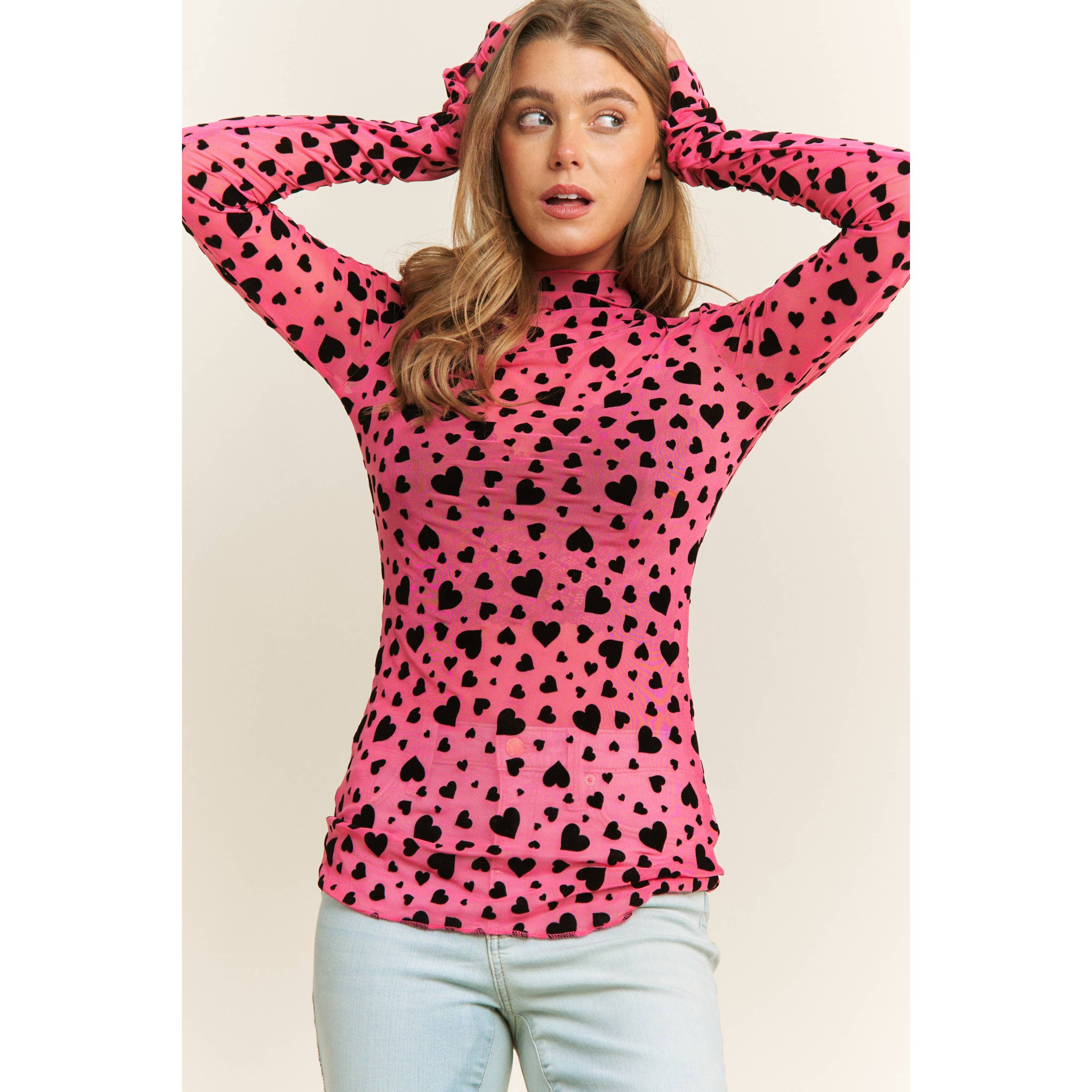 MESH HEART FLOCKING HIGH NECK DESIGN LONG SLEEVE FITTED TOP