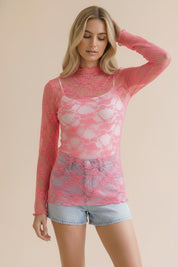 Long Sleeve Floral Mesh Lace Semi Sheer Top