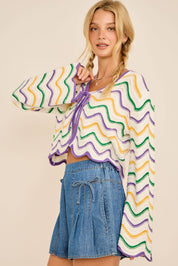 IRIS- Mardi Gras Wave Stripe Tie Cardigan – Festive Knit