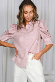 DOT- Collared Neck Short Puff Sleeve Swiss Dot Blouse