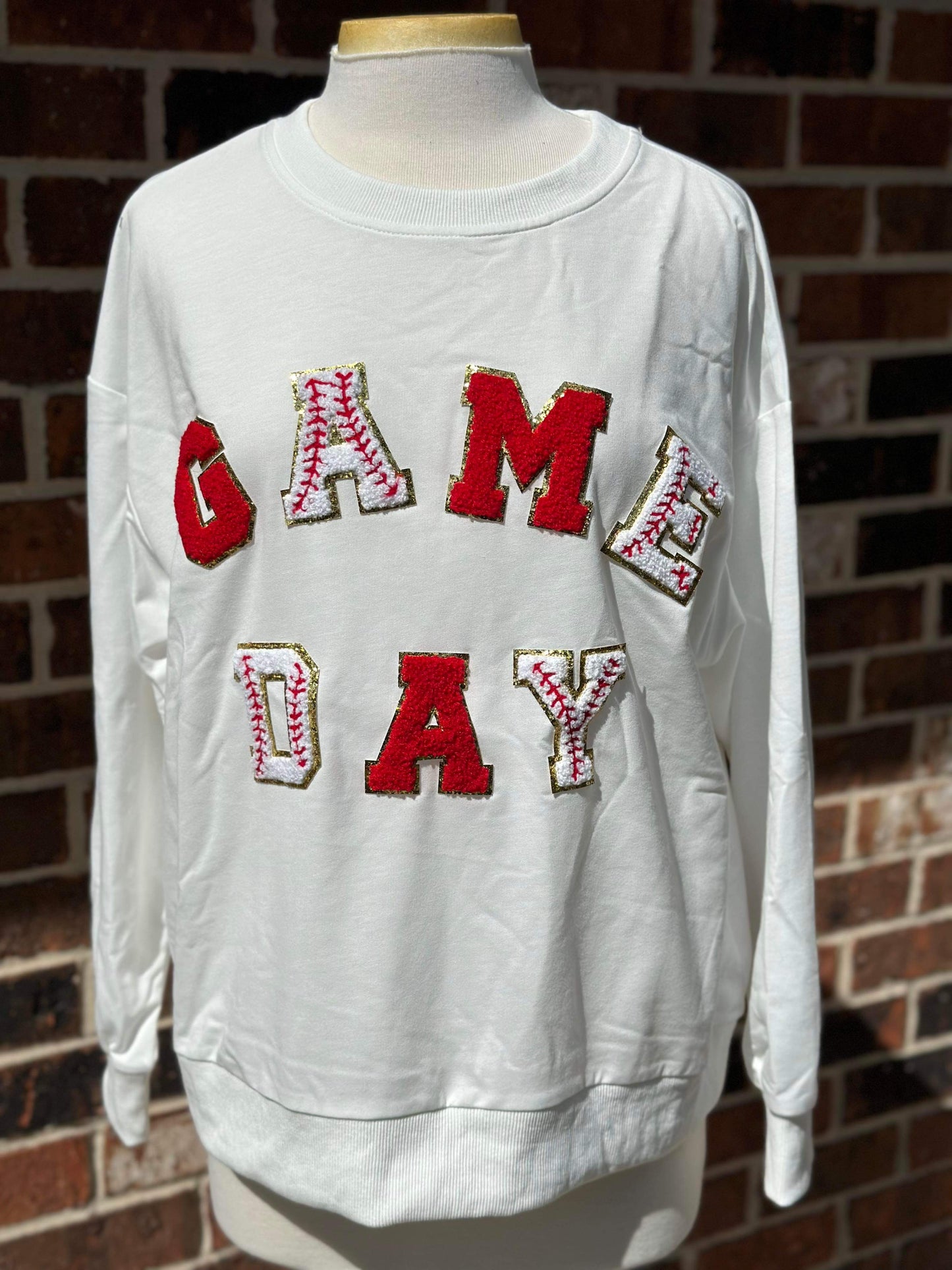 Baseball Chenille Gameday Patches Pullover - WHITE