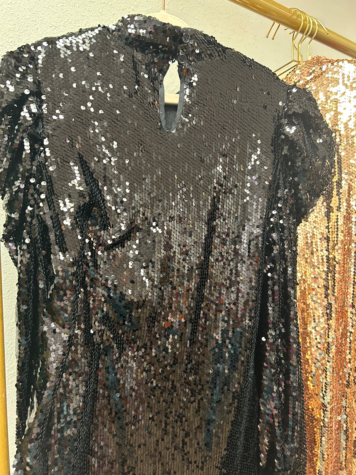 Sequin Mock Neck Bubble Sleeve Top