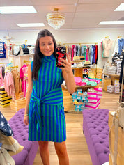 Ruffle Neck Sleeveless Waist Tie Detail Stripe Dress