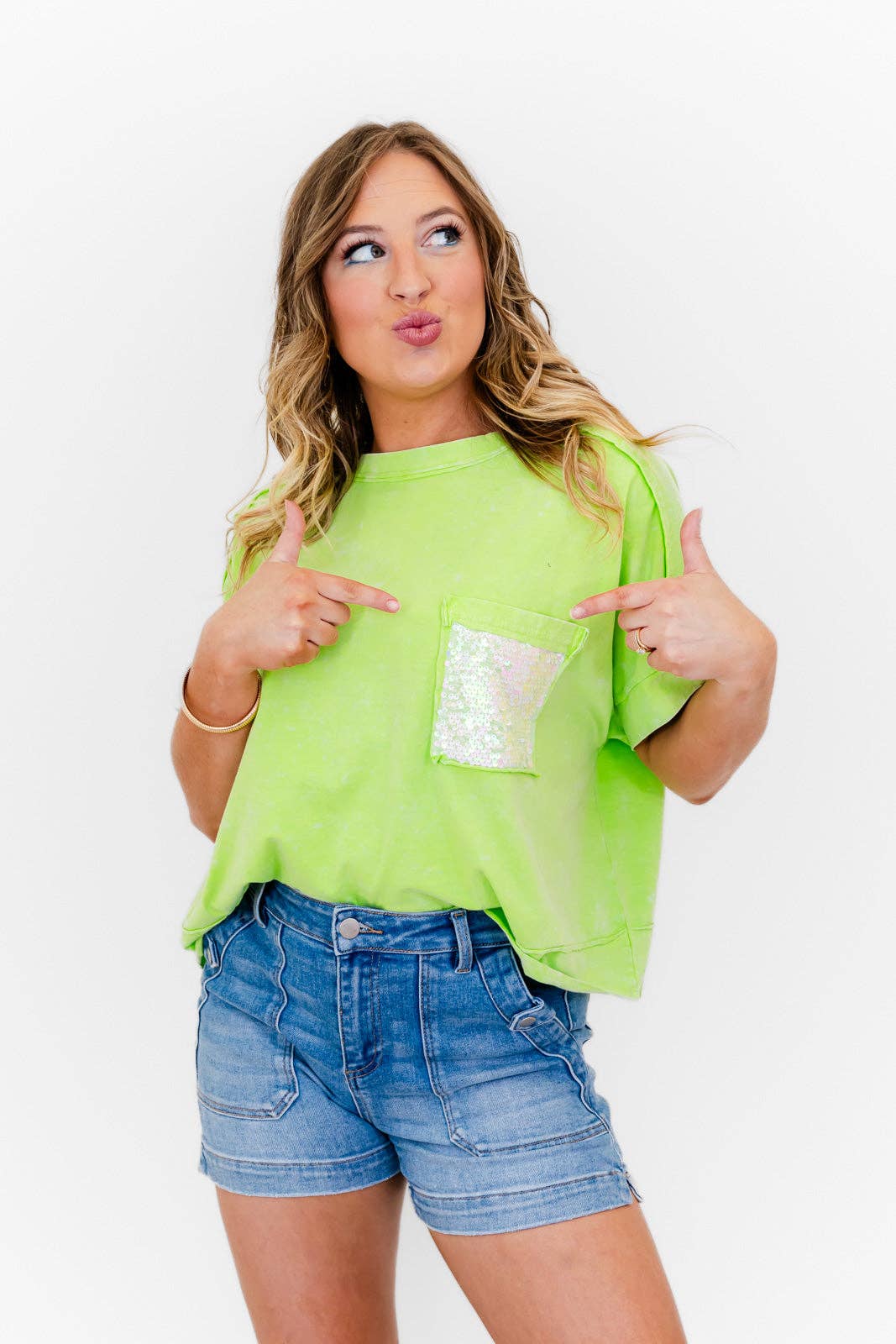 Faeve Lime Green Washed SPARKLE Pocket Top
