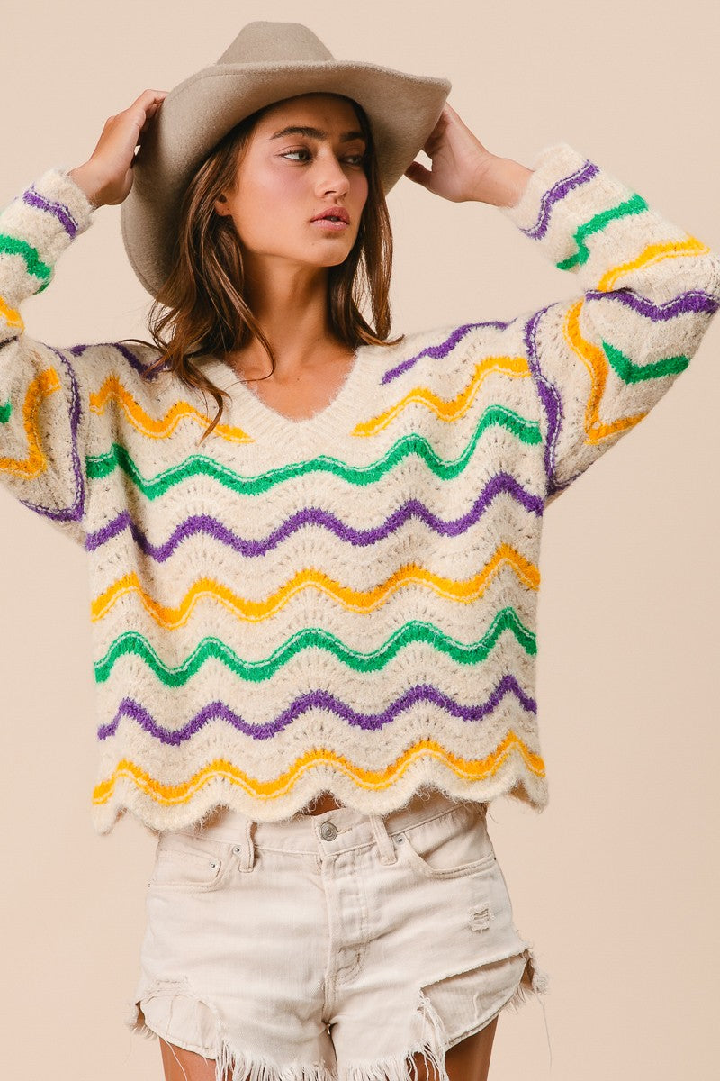 MARDI GRAS WAVY STRIPES V-NECK SWEATER