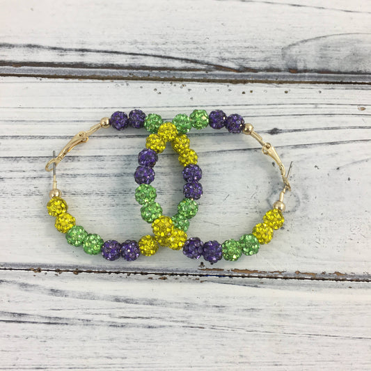Mardi Gras rhinestone ball hoop earrings