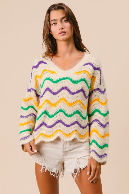 MARDI GRAS WAVY STRIPES V-NECK SWEATER