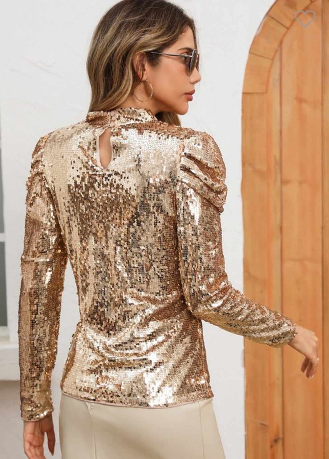 Sequin Mock Neck Bubble Sleeve Top