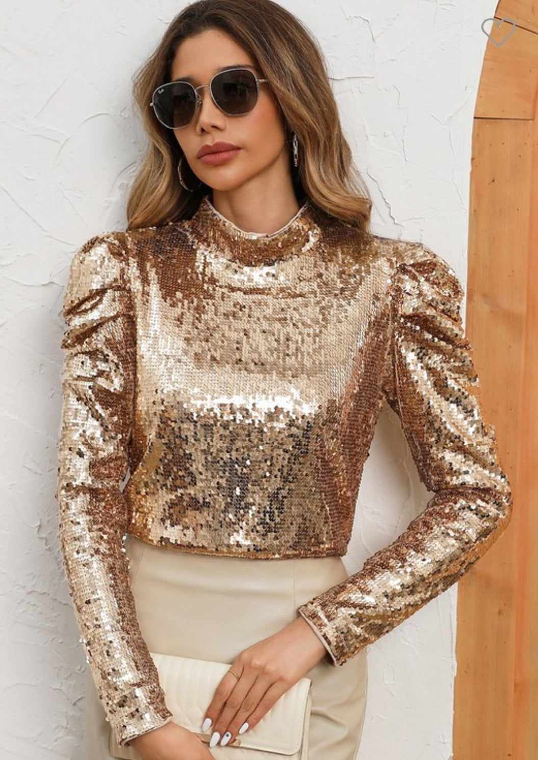 Sequin Mock Neck Bubble Sleeve Top