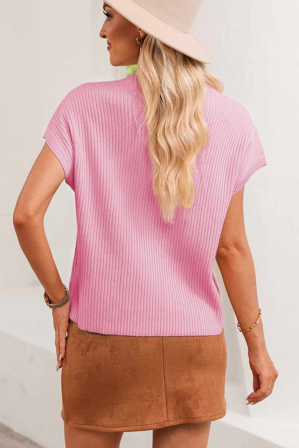 Patch Pocket Ribbed Short Sleeve Sweater- PINK