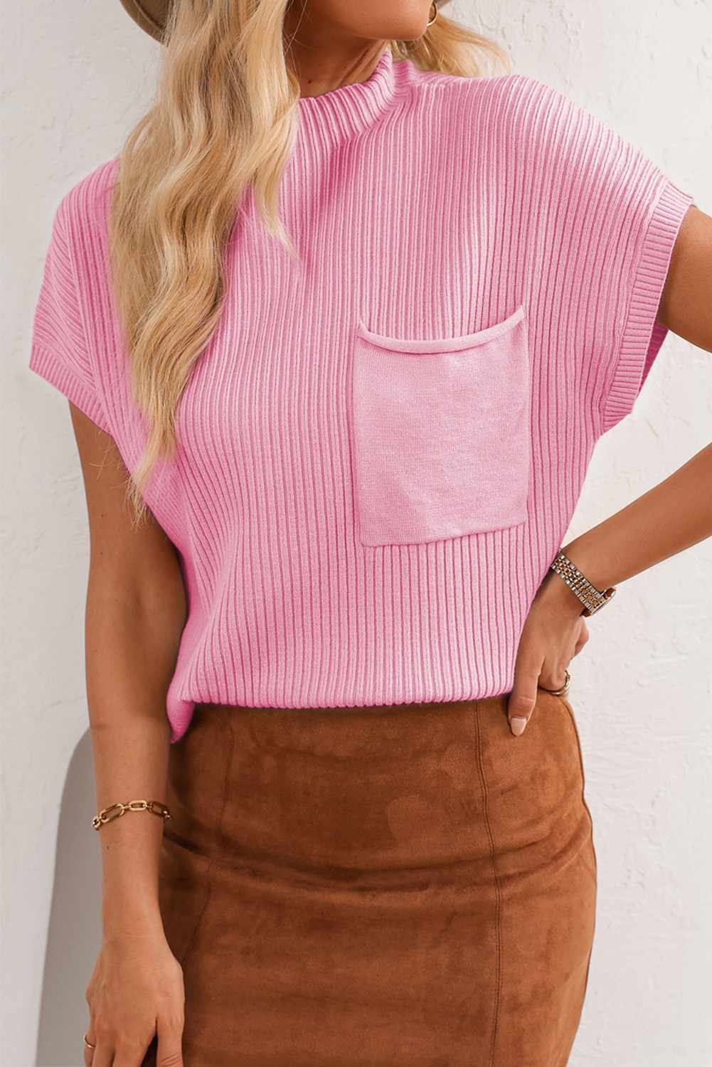 Patch Pocket Ribbed Short Sleeve Sweater- PINK