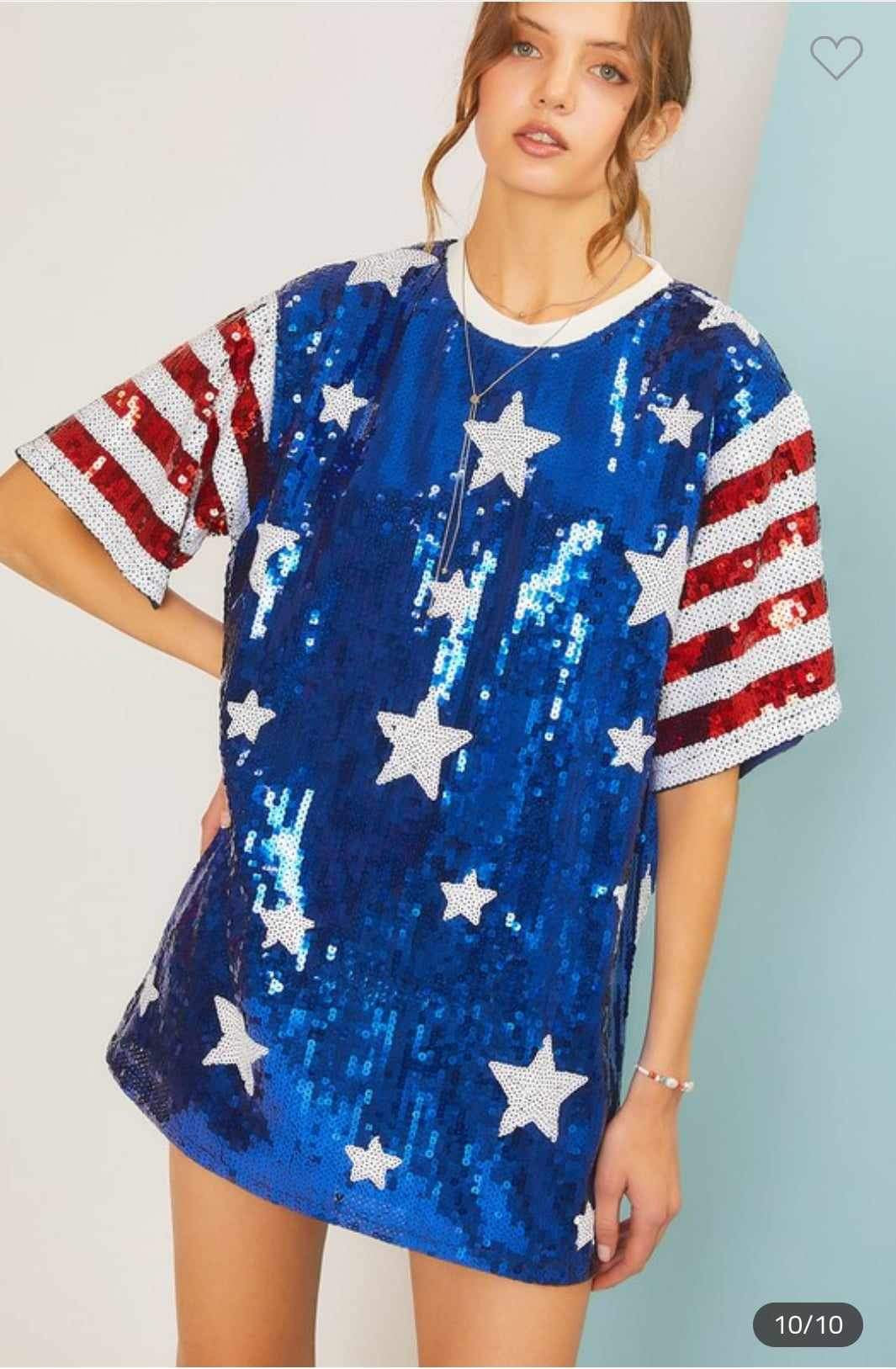 Stars and Stripes Sequin Tunic Shirt - Red White & Blue