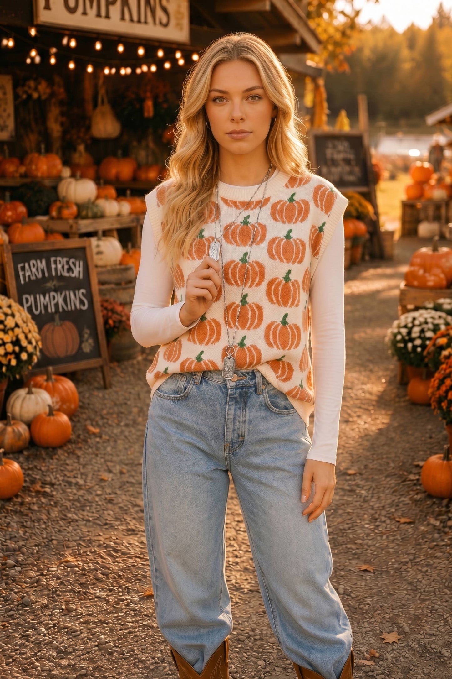 All Over Pumpkin Knit Vest – Thanksgiving Fall Layering Top