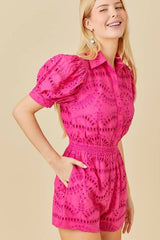Love In Bloom- Eyelet Lace Puff Sleeve Romper