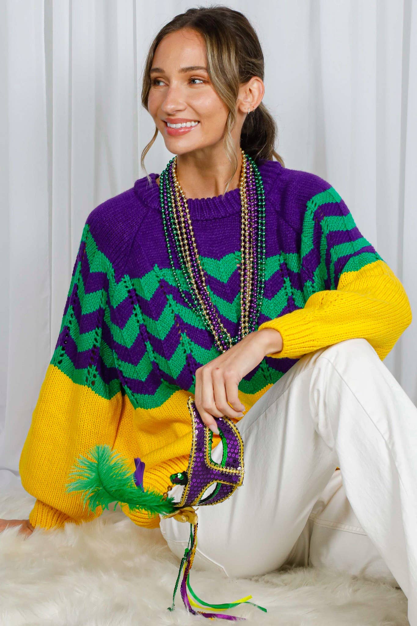 Holiday- Fair Isle Accent Mardi Gras Knitted Sweater