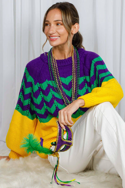 Holiday- Fair Isle Accent Mardi Gras Knitted Sweater