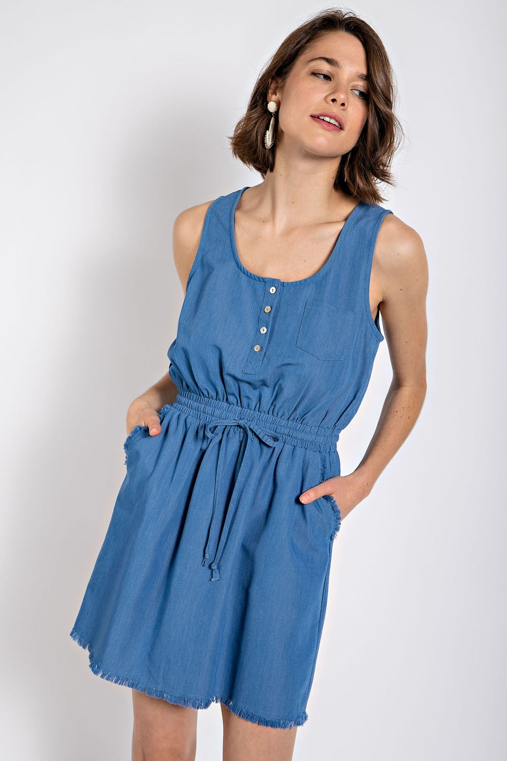 Frayed Hem Drawstring Waist Dress - DENIM