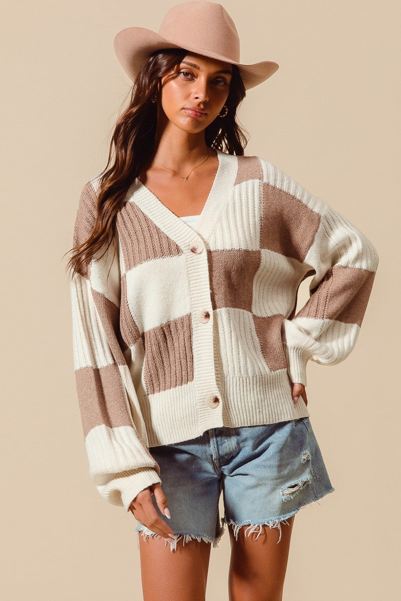 Monica- Checkered Button Front Textured Sweater Cardigan