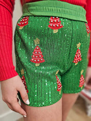 Sequin Christmas Tree Shorts- Green