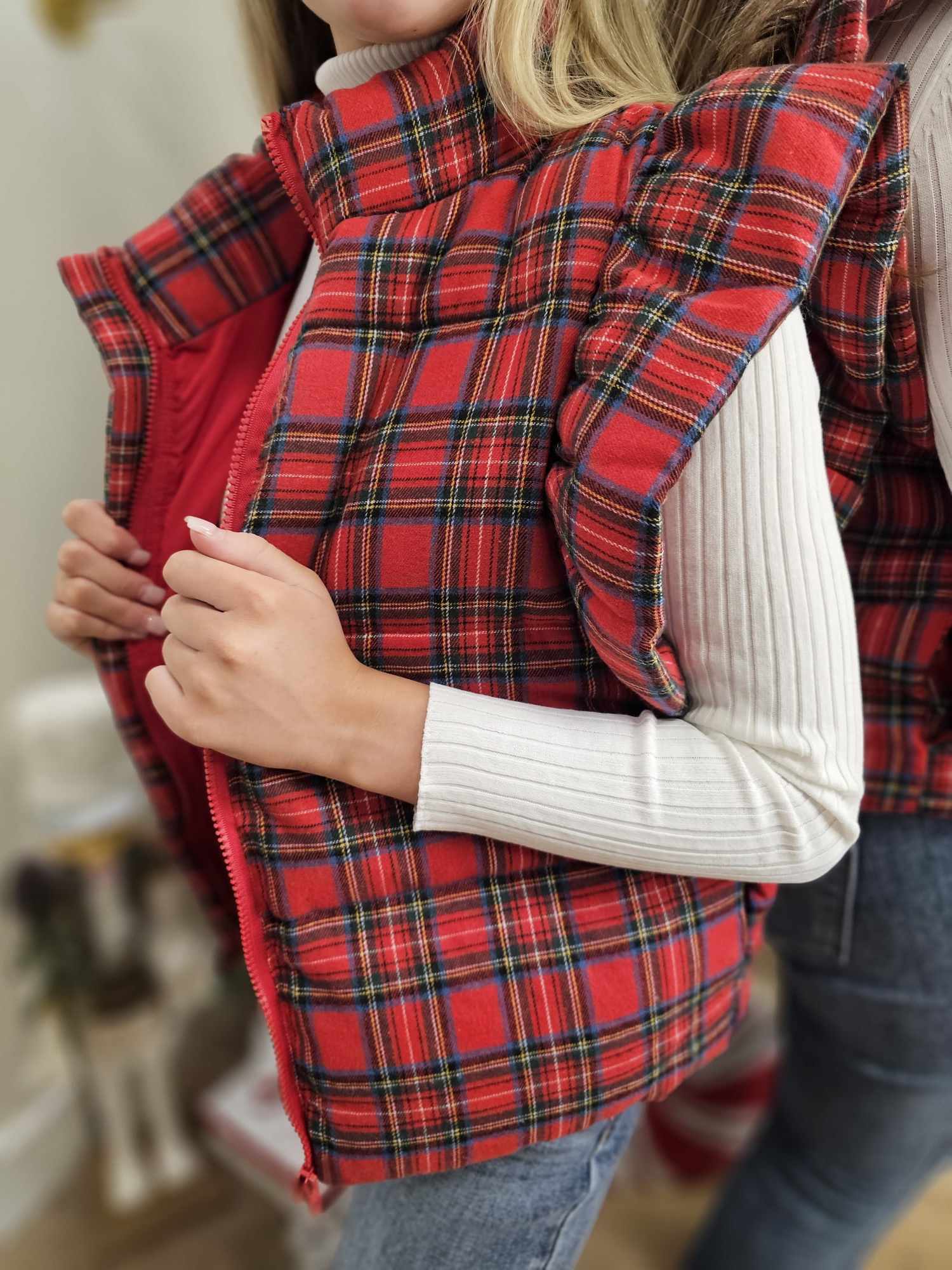 CHRISTMAS PLAID RUFFLED PUFFER VEST