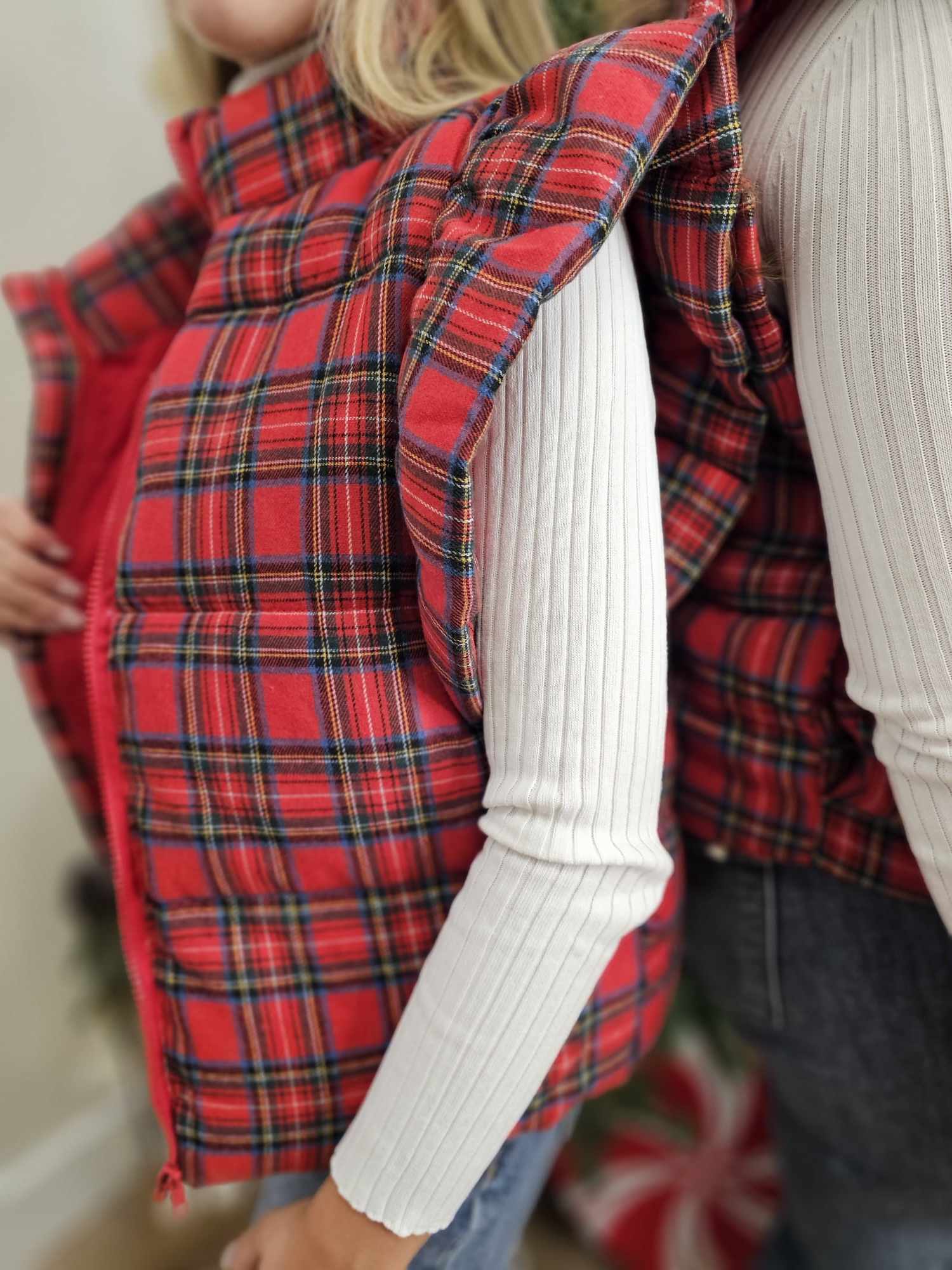 CHRISTMAS PLAID RUFFLED PUFFER VEST