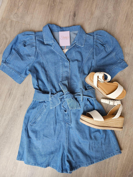 Denim Romper with Waist Tie - DARK DENIM