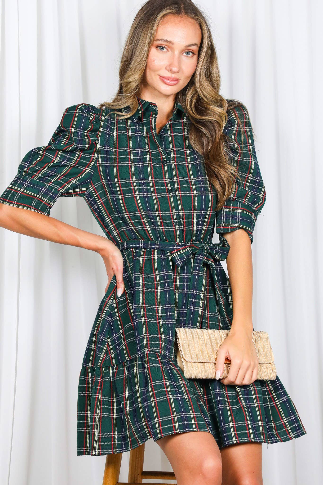 Plaid Short Puff Sleeve Mini Dress