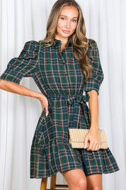 Plaid Short Puff Sleeve Mini Dress