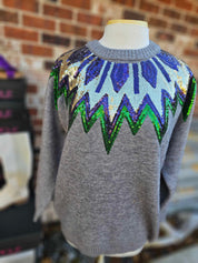 Mardi Gras Sequin Detail Sweater Top- Long Sleeve