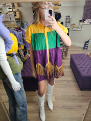 Color Block Mardi Gras Dress With Foil Fringe
