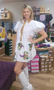 Sequin Mardi Gras Mask Poplin Shirt Dress