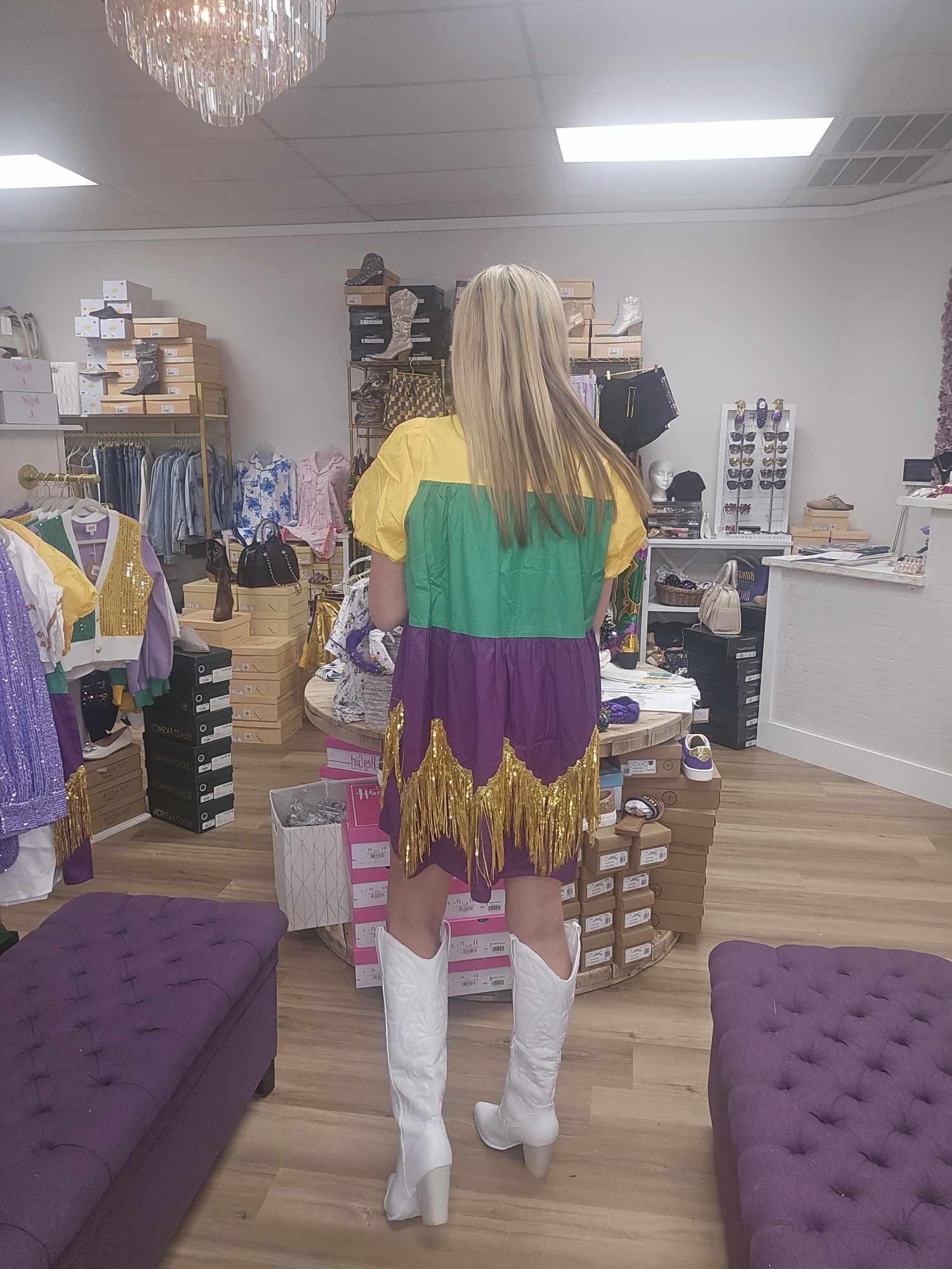 Color Block Mardi Gras Dress With Foil Fringe