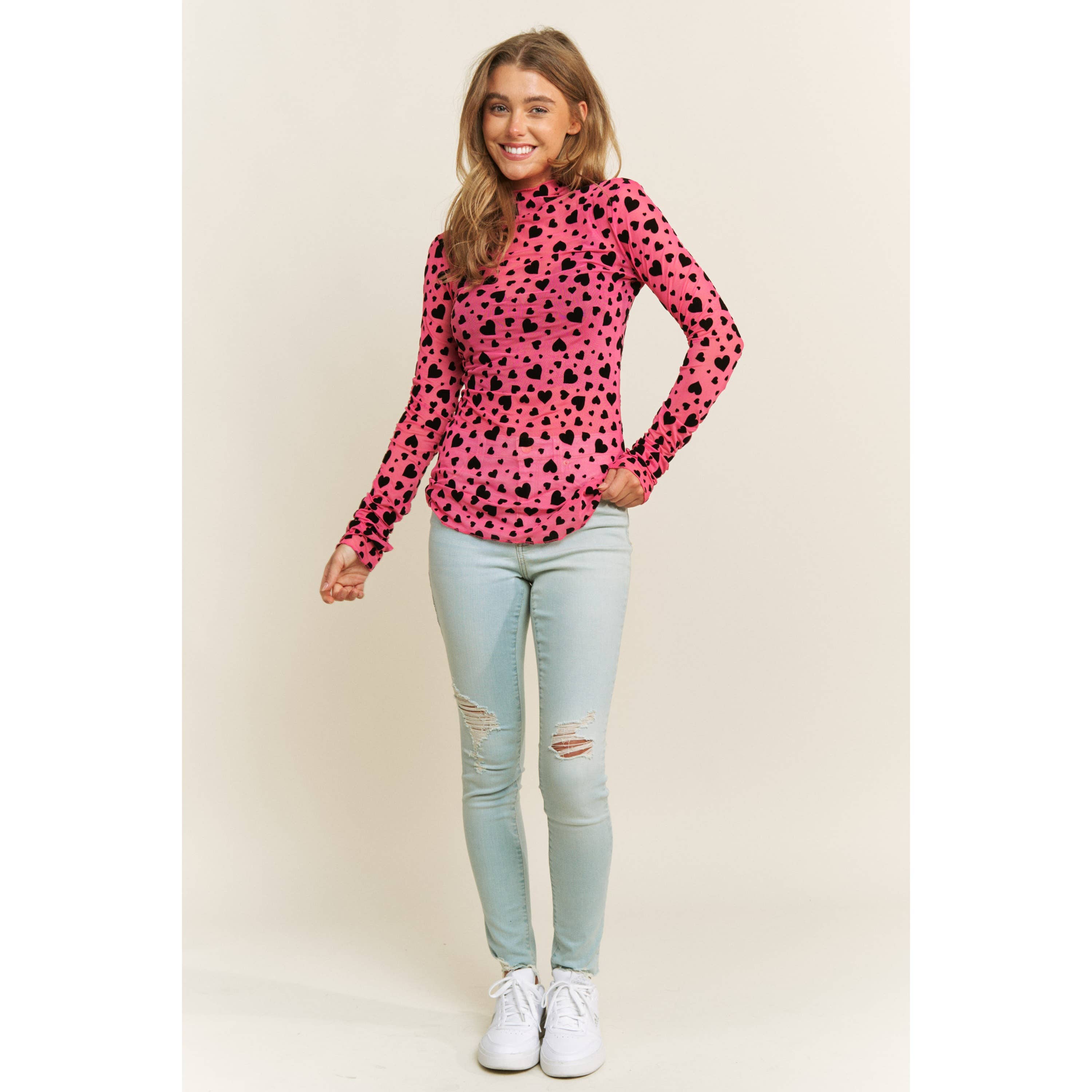 MESH HEART FLOCKING HIGH NECK DESIGN LONG SLEEVE FITTED TOP