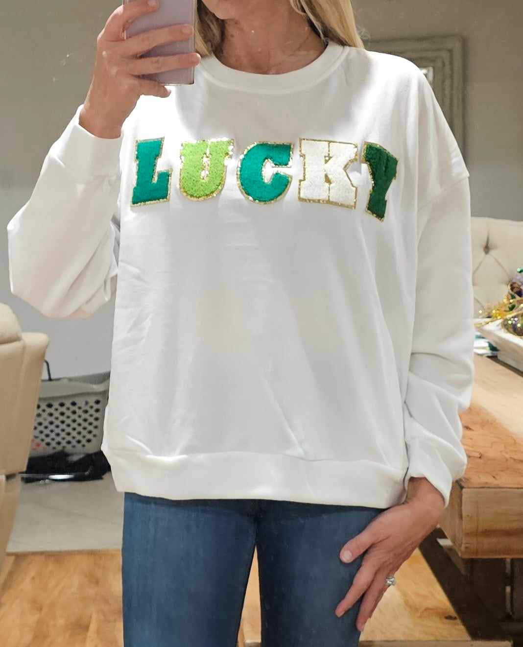 Lucky Chenille Patch Sweater - Off White